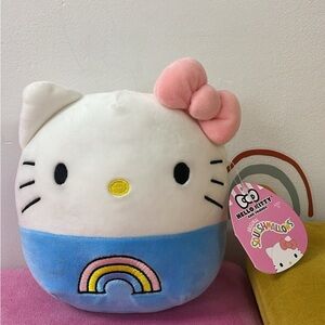 Hello Kitty Plush with Pink Bow and Blue Base with Rainbow